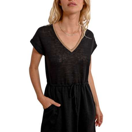 Robe courte noire maille piquée avec une coupe droite et un col v - Image 7