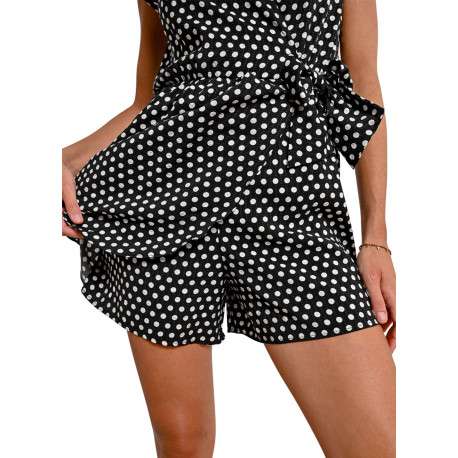 Combishort noir à pois avec une coupe droite et un col v à revers - Image 7