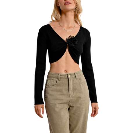 Gilet noir en maille côtelée avec une coupe crop top et un col v