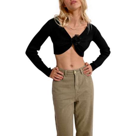 Gilet noir en maille côtelée avec une coupe crop top et un col v - Image 3