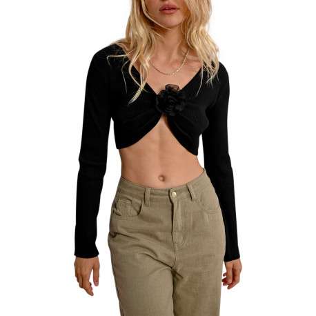 Gilet noir en maille côtelée avec une coupe crop top et un col v - Image 4