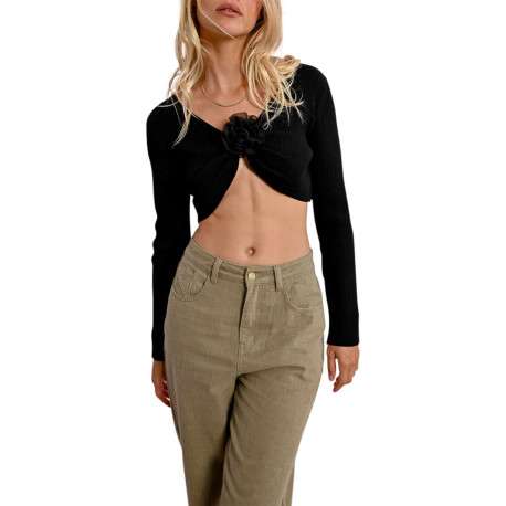 Gilet noir en maille côtelée avec une coupe crop top et un col v - Image 5