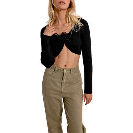 Gilet noir en maille côtelée avec une coupe crop top et un col v - Image 6