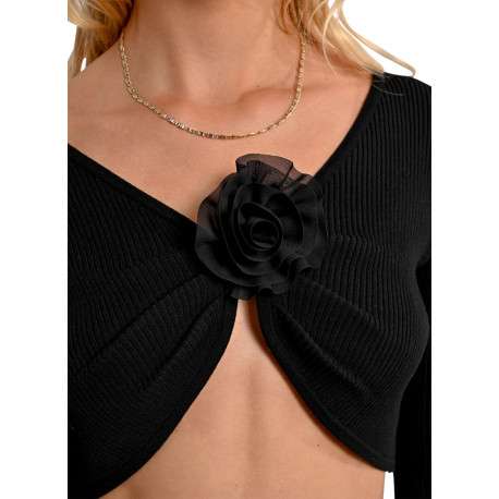 Gilet noir en maille côtelée avec une coupe crop top et un col v - Image 8