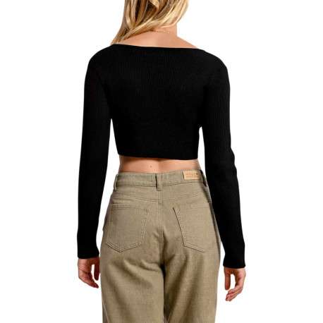 Gilet noir en maille côtelée avec une coupe crop top et un col v - Image 9
