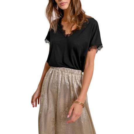 T-shirt noir uni avec une coupe droite un col v et des manches courtes - Image 3