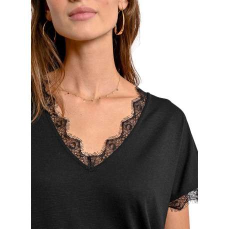 T-shirt noir uni avec une coupe droite un col v et des manches courtes - Image 7