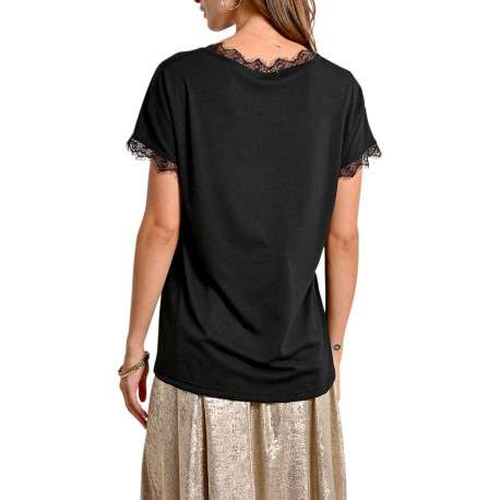 T-shirt noir uni avec une coupe droite un col v et des manches courtes - Image 9