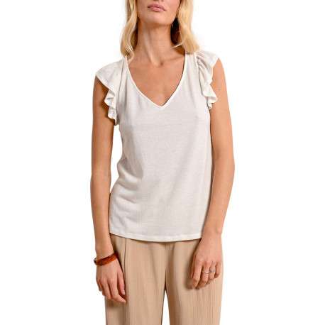 Top blanc uni avec une coupe droite un col v et des manches courtes