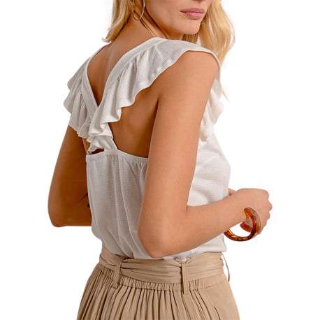 Top blanc uni avec une coupe droite un col v et des manches courtes - Image 6