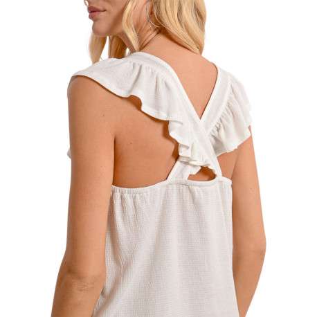 Top blanc uni avec une coupe droite un col v et des manches courtes - Image 8