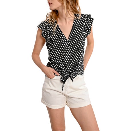 Top noir à pois avec une coupe droite un col v et des manches courtes - Image 4