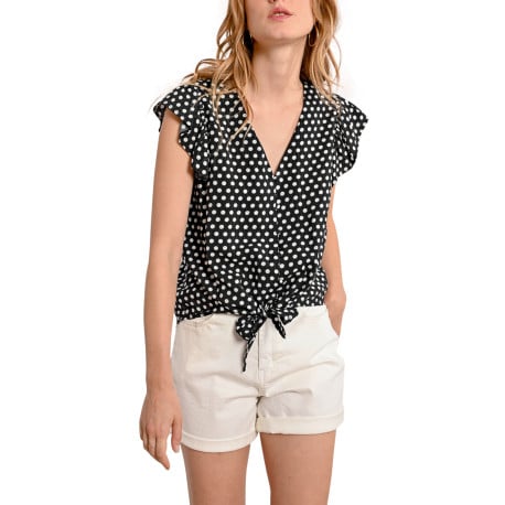 Top noir à pois avec une coupe droite un col v et des manches courtes - Image 5