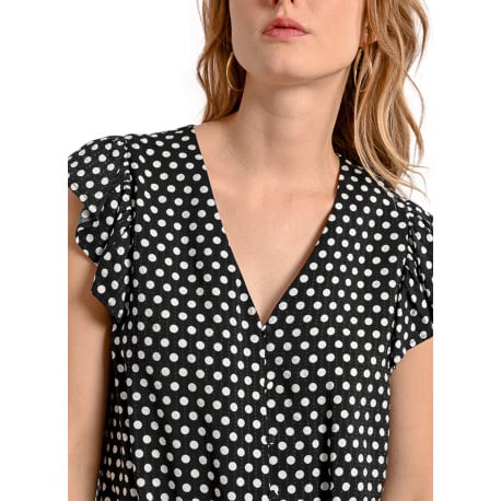 Top noir à pois avec une coupe droite un col v et des manches courtes - Image 7