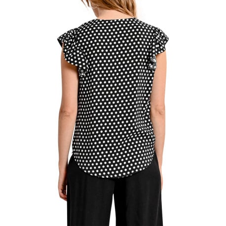 Top noir à pois avec une coupe droite un col v et des manches courtes - Image 9