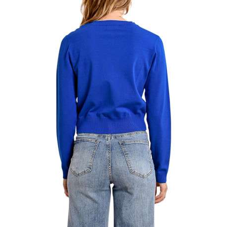 Gilet bleu uni avec une coupe droite un col rond et des manches longues - Image 8
