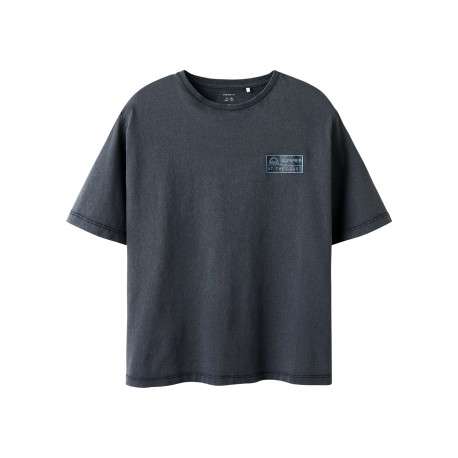 T-shirt en coton biologique noir imprimé avec une coupe droite à col rond