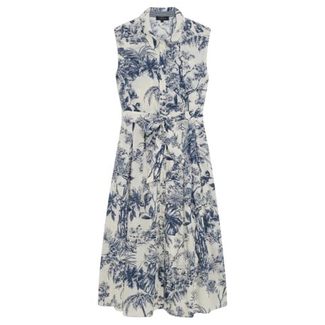 Robe midi chemise en coton écrue et bleue imprimée à coupe droite fluide