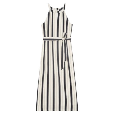 Robe longue écrue à rayures noires sans manches et à coupe droite 