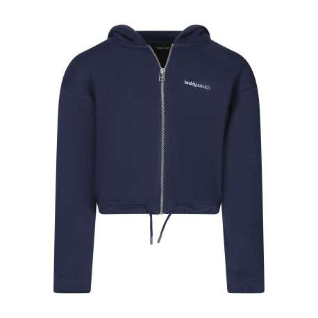 Sweat zippé en coton mélangé marine uni à coupe droite avec un col à capuche