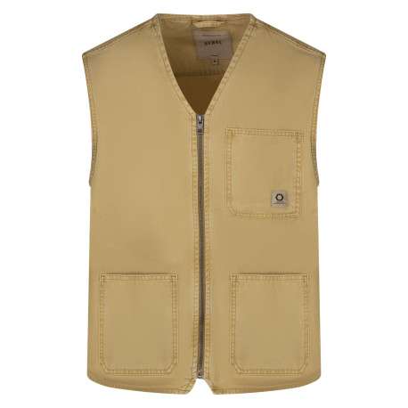 Blouson sans manches en coton beige uni avec une coupe droite et un col v