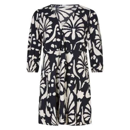 Robe courte noire avec des imprimés une coupe droite et un col v