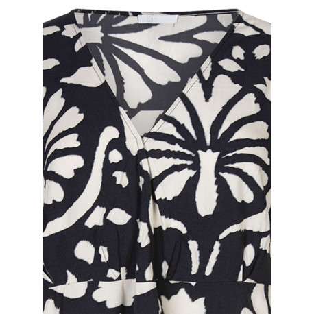 Robe courte noire avec des imprimés une coupe droite et un col v - Image 3