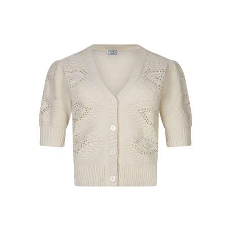 Gilet manches longues beige en maille ajourée à coupe droite avec un col v