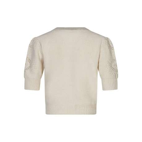 Gilet manches longues beige en maille ajourée à coupe droite avec un col v - Image 2