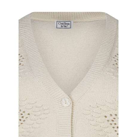 Gilet manches longues beige en maille ajourée à coupe droite avec un col v - Image 3