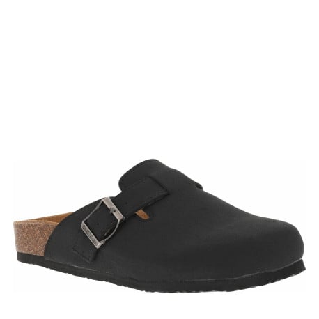 Mules noires à bout fermé avec une boucle à ardillon et une semelle plate