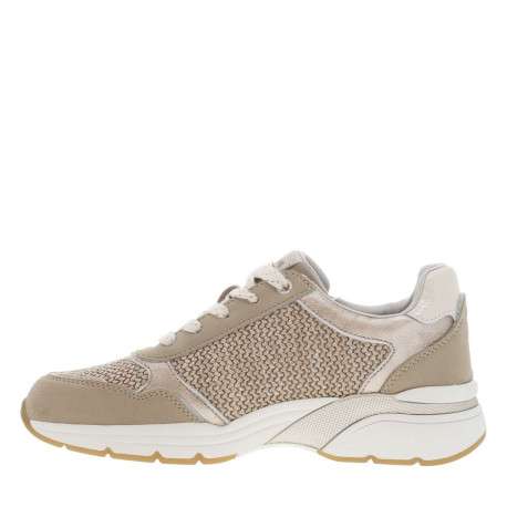 Baskets running beiges en tressage avec un zip et des lacets plats à rayures
