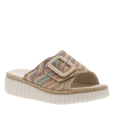 Mules en tressage multicolores à talon compensé bas et à bande auto-agrippante