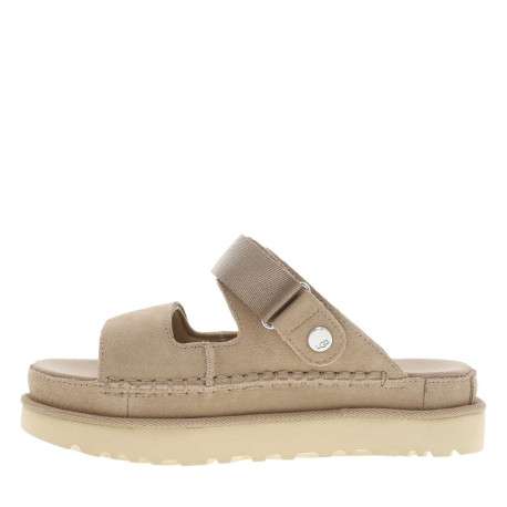 Nu-pieds en cuir taupe à semelle plateau et à bande auto-agrippante