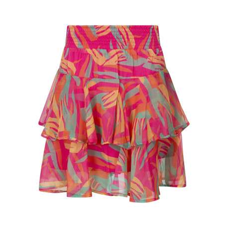Jupe courte rose avec des motifs une coupe droite et une taille élastiquée
