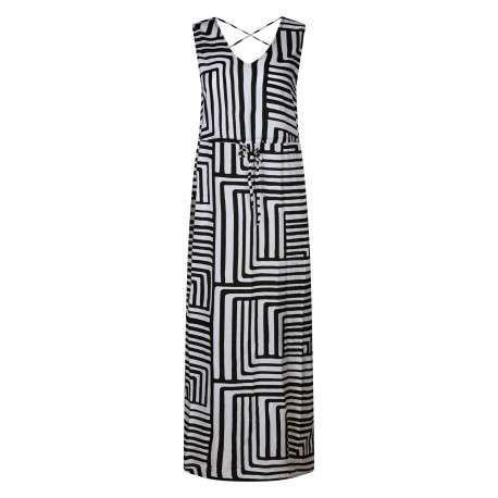 Robe longue noire rayée avec une coupe droite et un col rond
