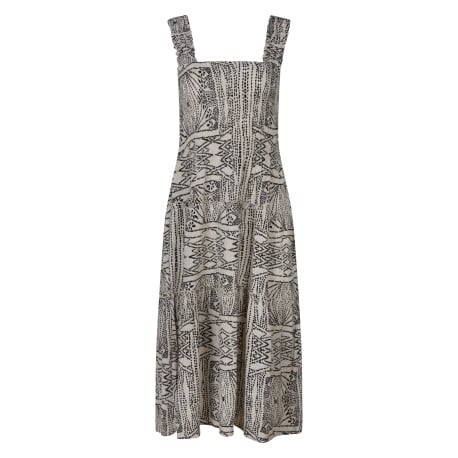 Robe longue beige avec des imprimés une coupe droite et un col rond