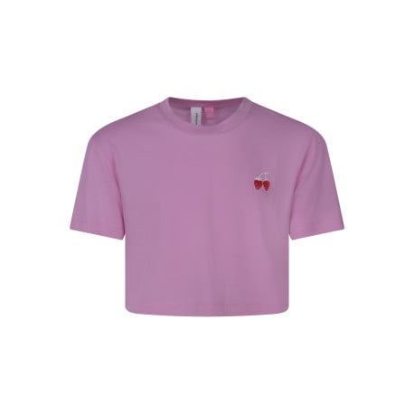 T-shirt manches courtes rose avec des imprimés une coupe droite et un col rond 