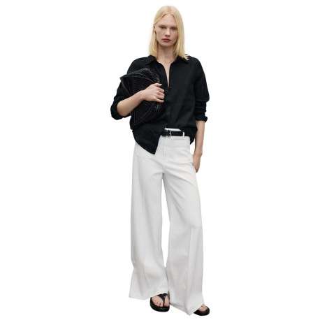 Jean en coton blanc uni à coupe large avec des poches plaquées à l'avant - Image 4