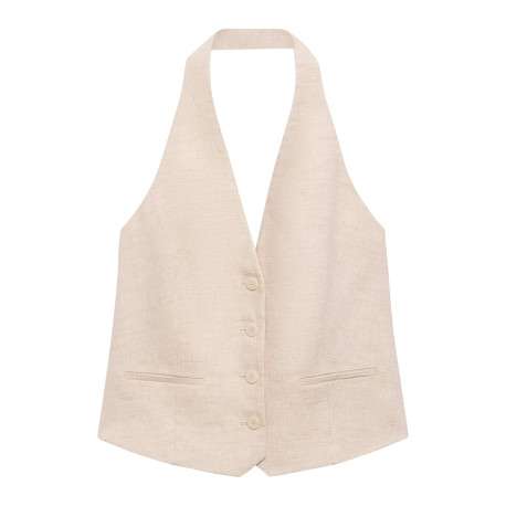 Gilet en lin beige clair uni dos nu fermé par des boutons à col v