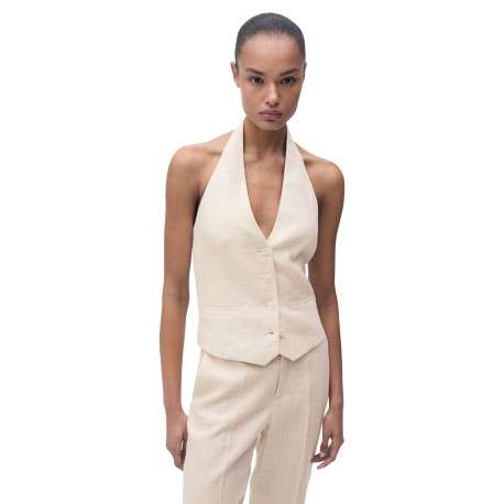 Gilet en lin beige clair uni dos nu fermé par des boutons à col v - Image 3