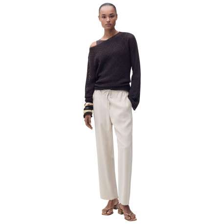 Chino beige clair uni à coupe droite et à taille élastiquée avec un lien - Image 4