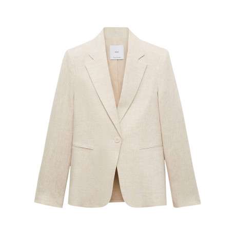 Blazer en lin beige clair uni à coupe cintré avec des poches passepoilées