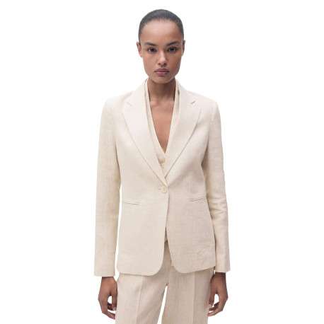 Blazer en lin beige clair uni à coupe cintré avec des poches passepoilées - Image 3