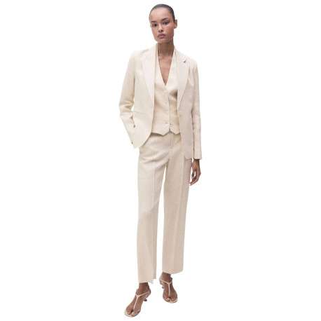 Blazer en lin beige clair uni à coupe cintré avec des poches passepoilées - Image 4