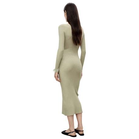 Robe longue kaki claire en maille côtelée à coupe près du corps et à col rond - Image 2