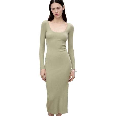 Robe longue kaki claire en maille côtelée à coupe près du corps et à col rond - Image 3