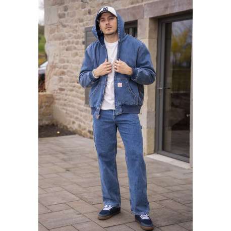 Blouson en jean bleu uni avec une coupe droite et un col à capuche - Image 2