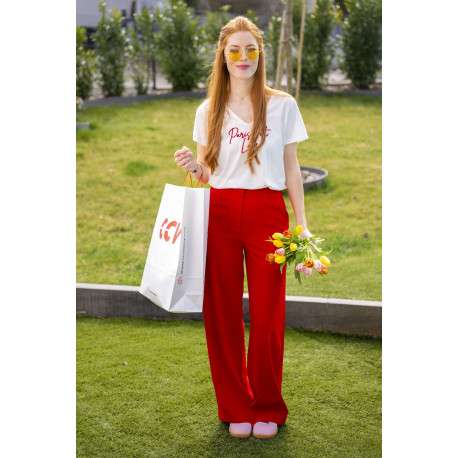 Chino rouge uni bootcut avec taille élastiquée à fronces et poches - Image 2