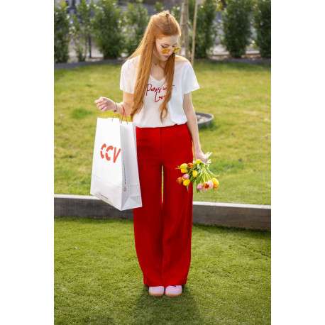 Chino rouge uni bootcut avec taille élastiquée à fronces et poches - Image 3